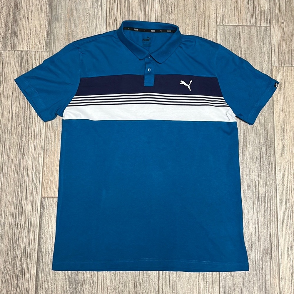 Puma Polo Shirt - Blue with White Stripes - Size L